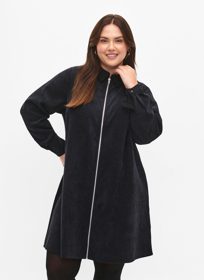 Fluwelen jurk met rits en 3/4 mouwen, Zwart, Model image number 0