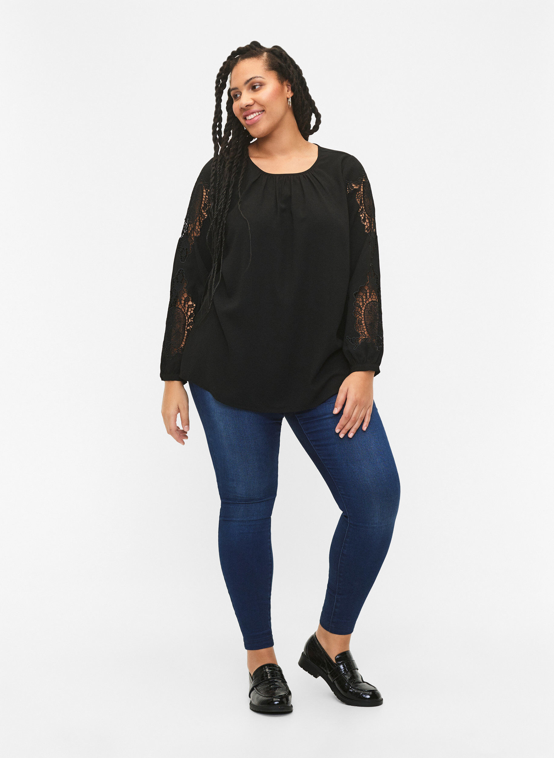 Zizzi Blouse met lange mouwen en gehaakte details, Black, Model image number 3