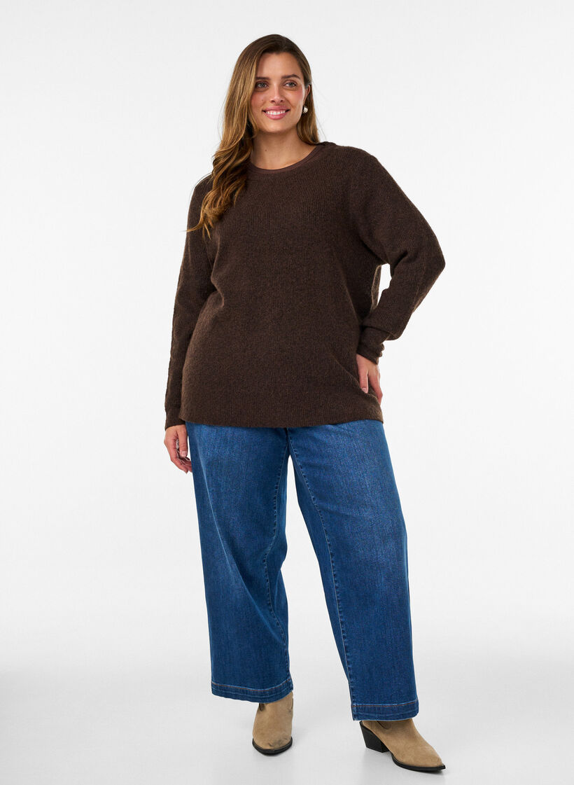 Gem&ecirc;leerde gebreide blouse met ronde hals, Bruin, Model image number 1