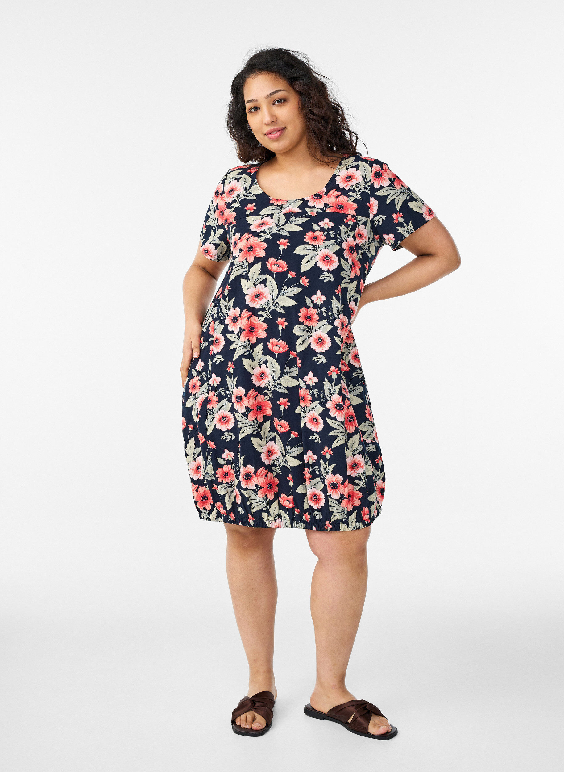 ZizziKatoenen jurk met korte mouwen en print, Blauw, Model image number 1