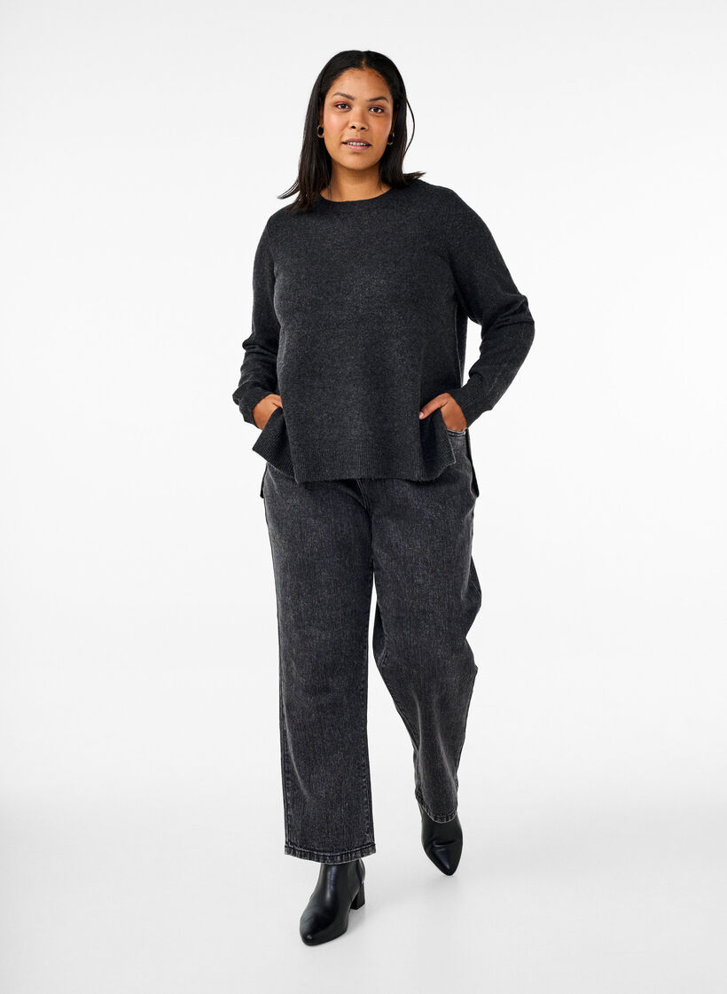 Gebreide trui met wol en splitten, Dark Grey Melange, Model image number 2