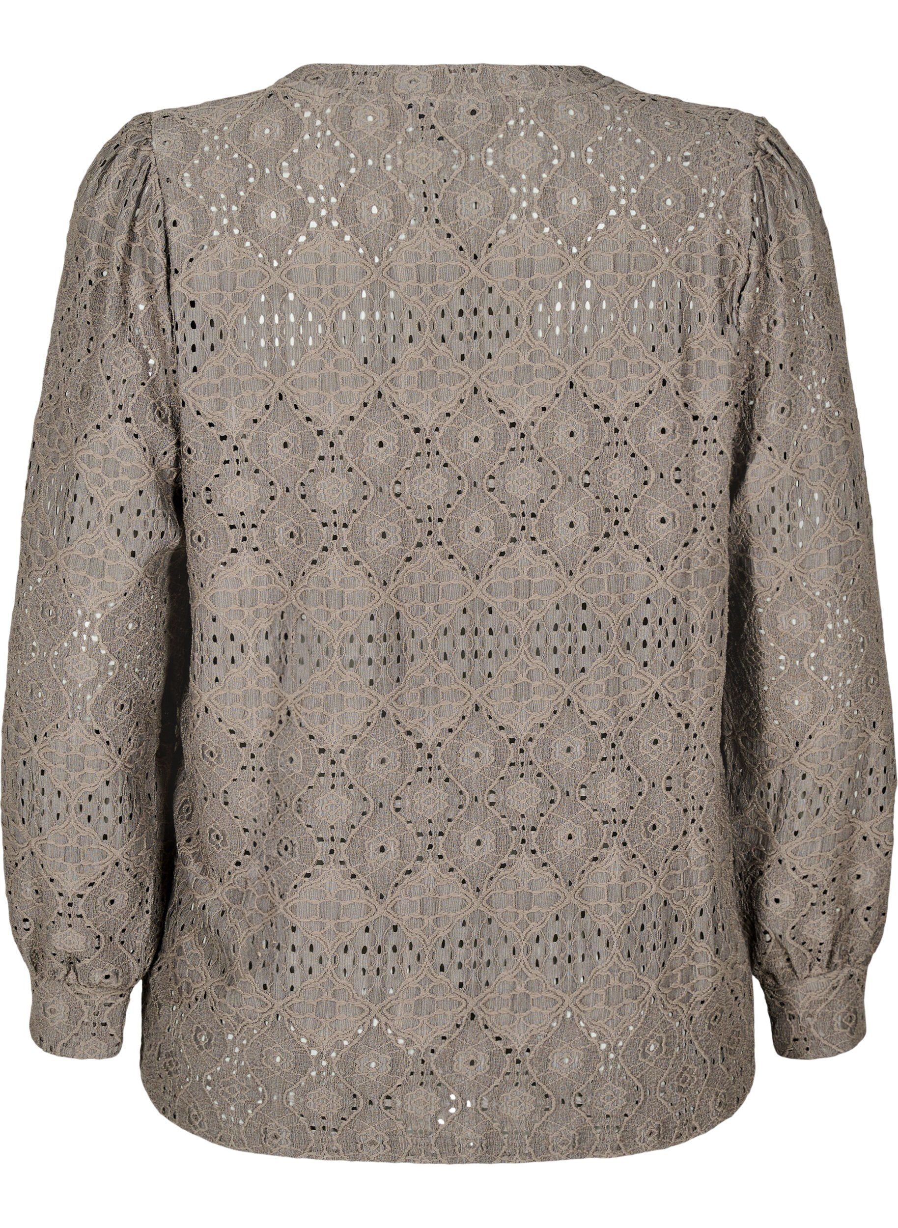 Zizzi Blouse met lange mouwen en een opengewerkt patroon, Bruin, Packshot image number 1