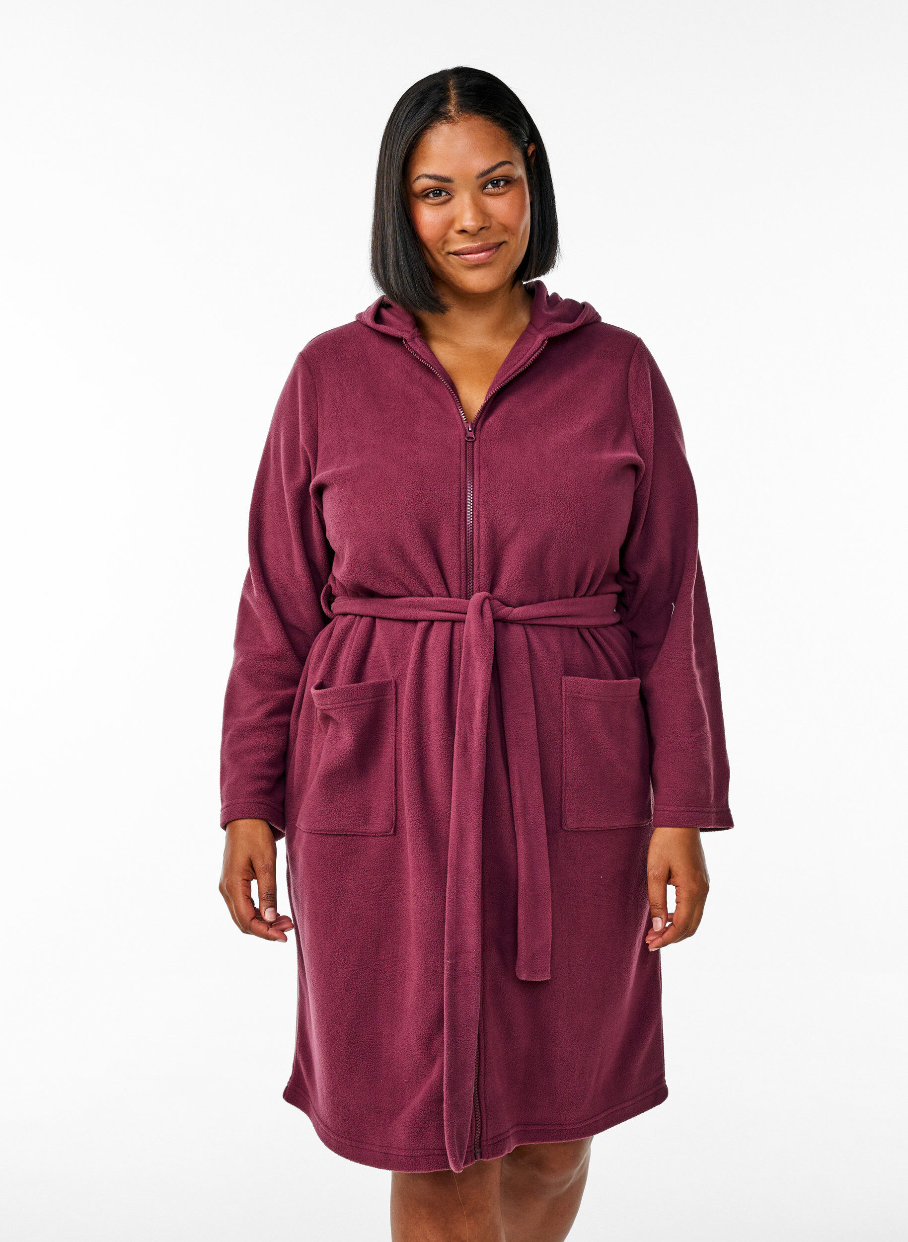 Zizzi Ochtendjas met rits en capuchon, Donker Bordeaux, Model image number 0