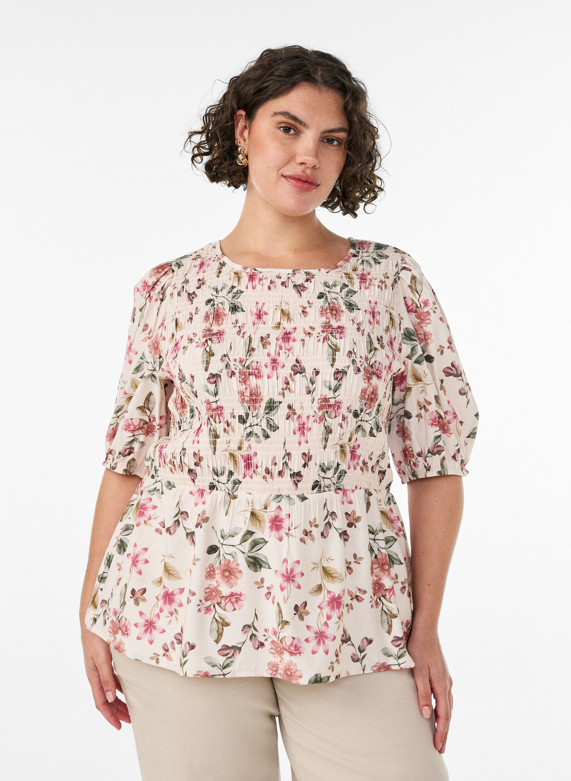 Viscose blouse met smokwerk en peplum-effect, Vanille, Model
