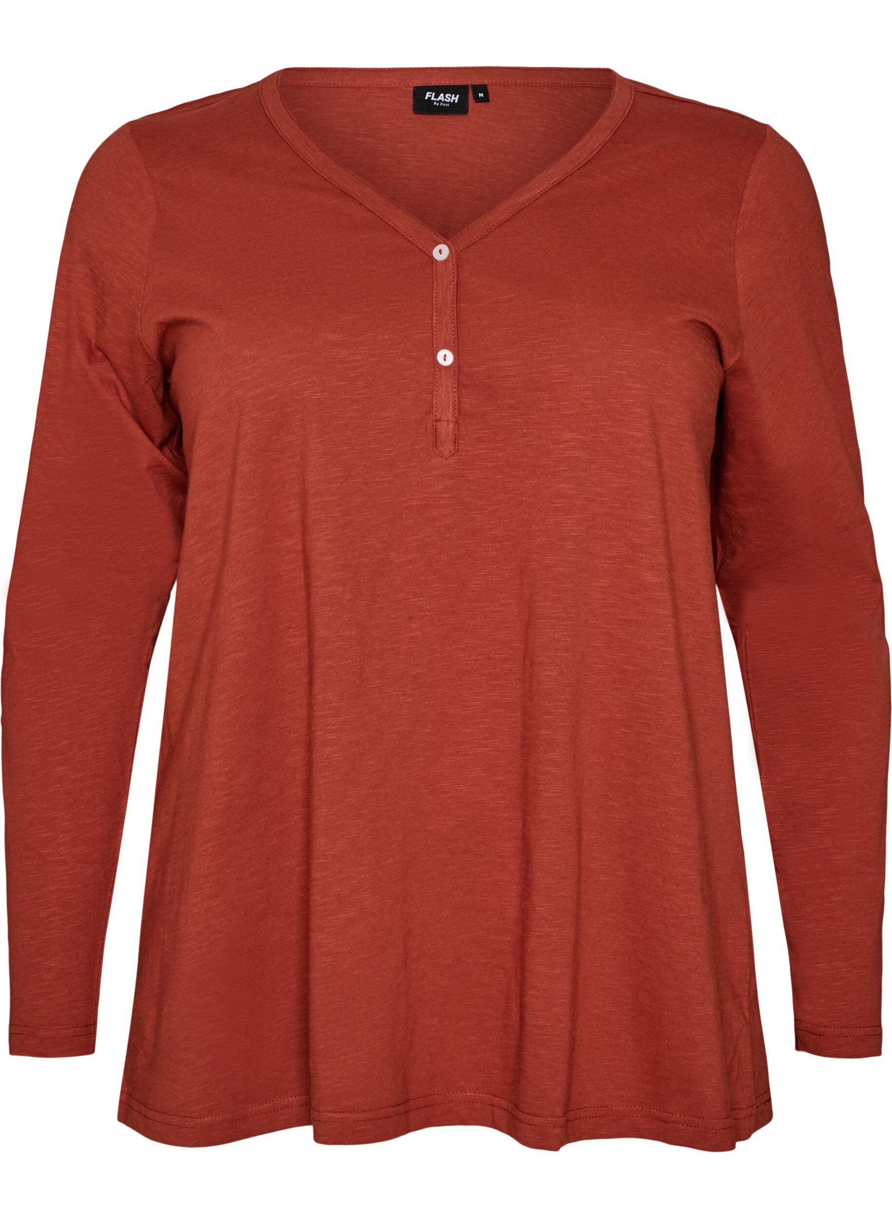ZizziT-shirt met lange mouwen, V-hals en knopen, Bruin, Packshot image number 0