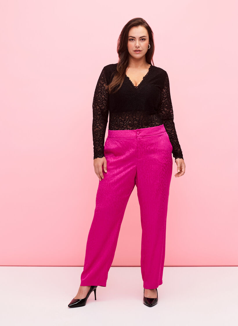 Lange mouwen kanten bodystocking met v-hals, Black, Model image number 2