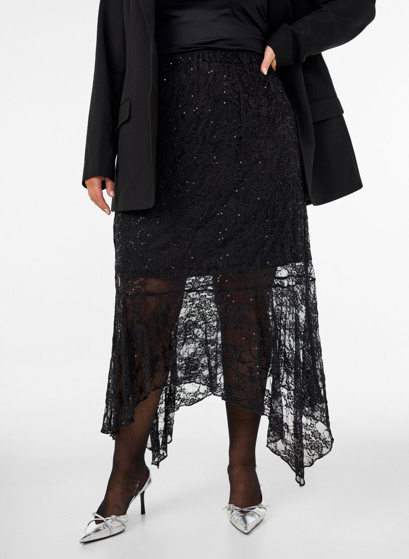 Kanten midirok met pailletten, Zwart, Model image number 0