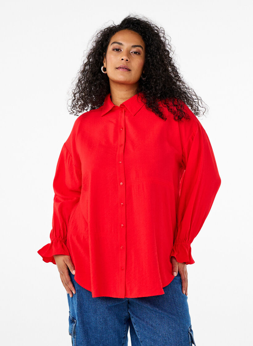 Shirt met lange mouwen en ruchesdetails, Rood, Model image number 0