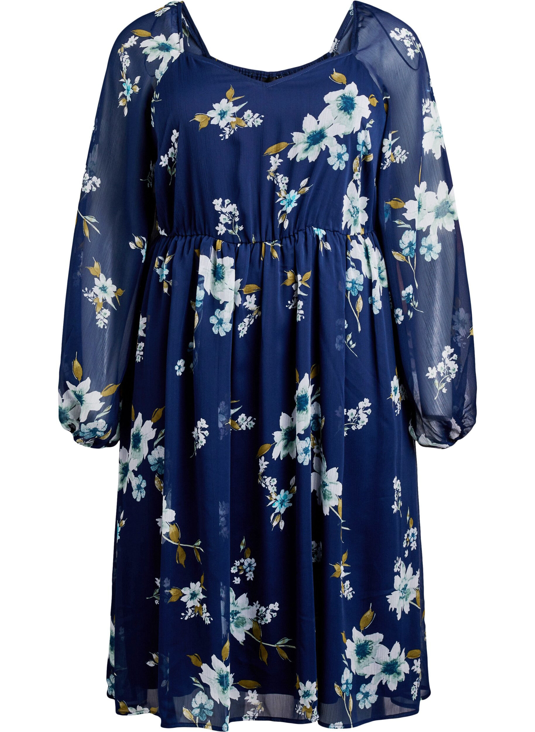 Zizzi Chiffon feestjurk met lange mouwen, Blauw, Packshot image number 0