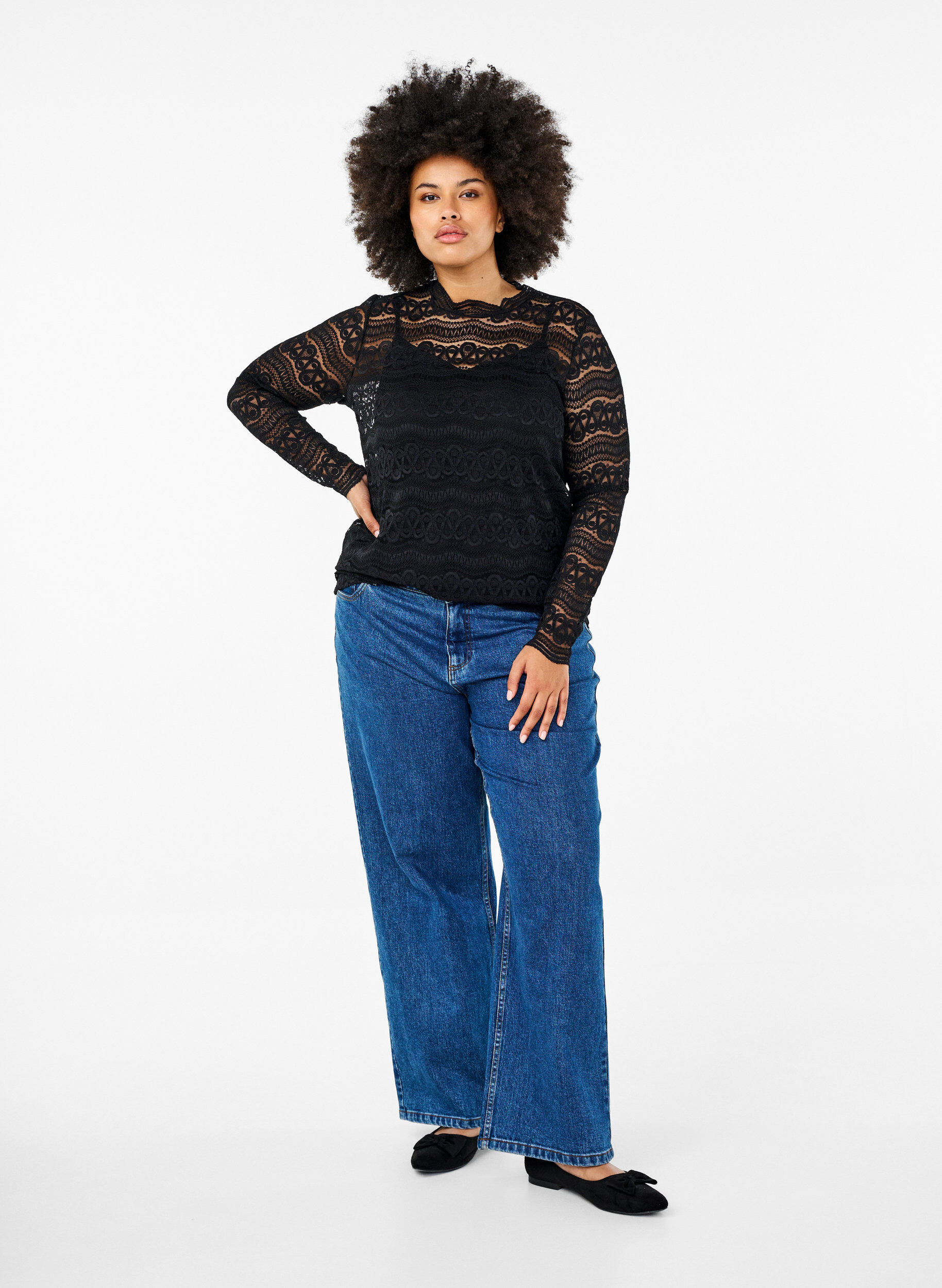 Zizzi Kanten blouse met lange mouwen, Black, Model image number 2