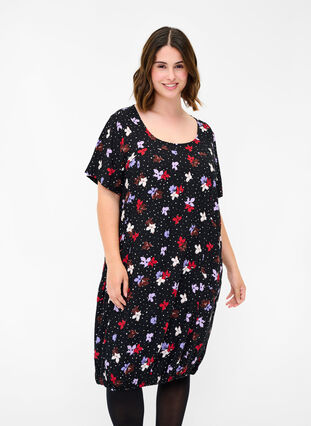 Viscose jurk met print en korte mouwen , Black Dot Flower, Model image number 0