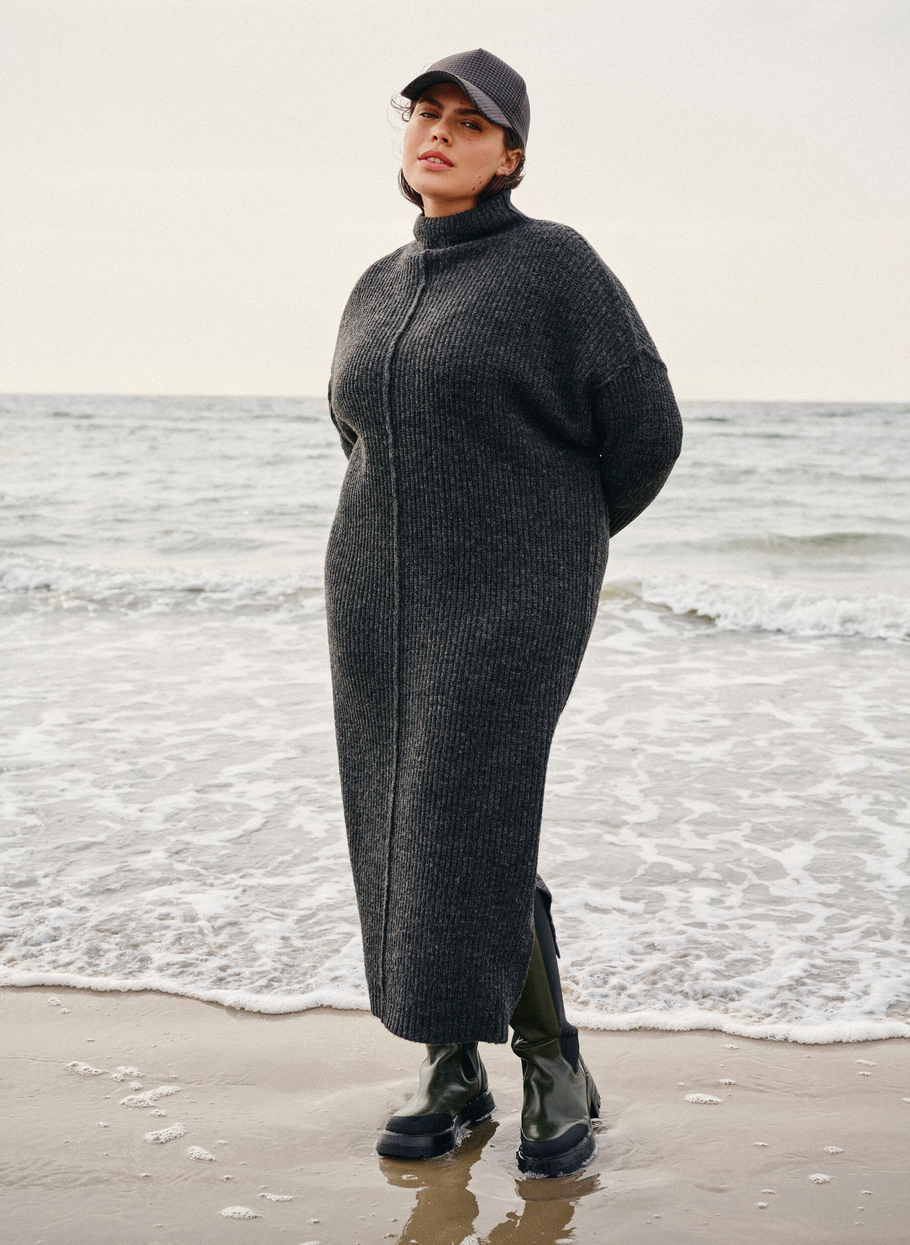 ZizziLange oversized gebreide jurk met split, Grijs, Image image number 1