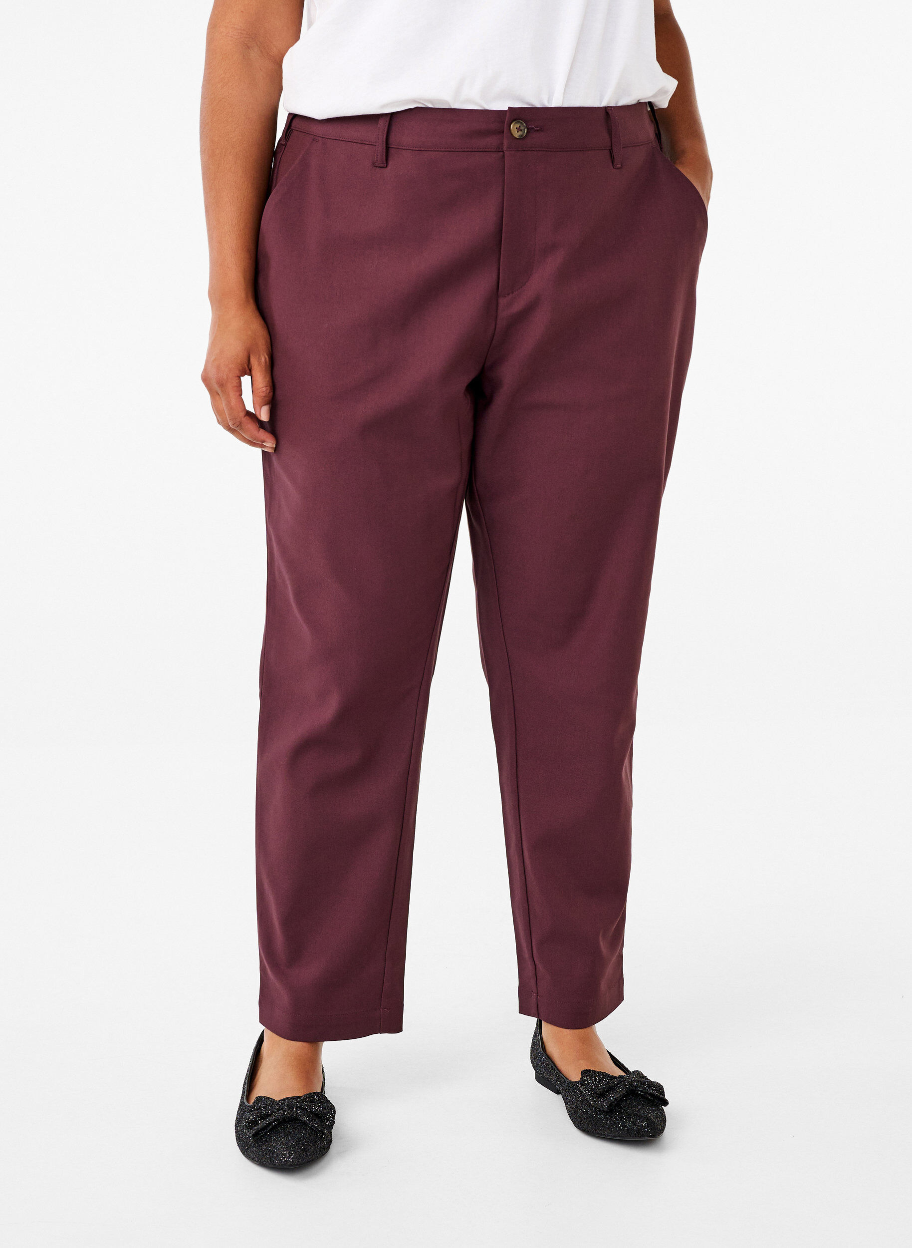 Zizzi Broek met hoge taille en rechte pijpen, Donker Bordeaux, Model image number 2