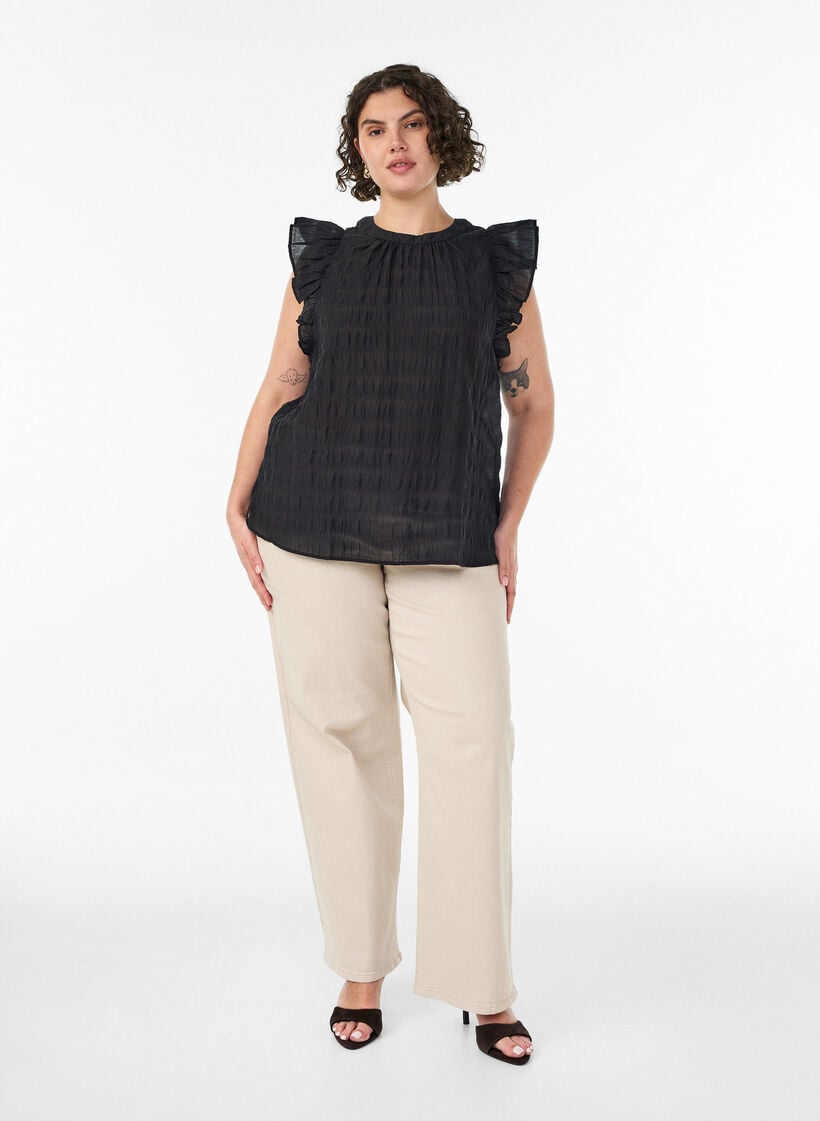 Blouse met textuur en ruches zonder mouwen, Zwart, Model image number 1