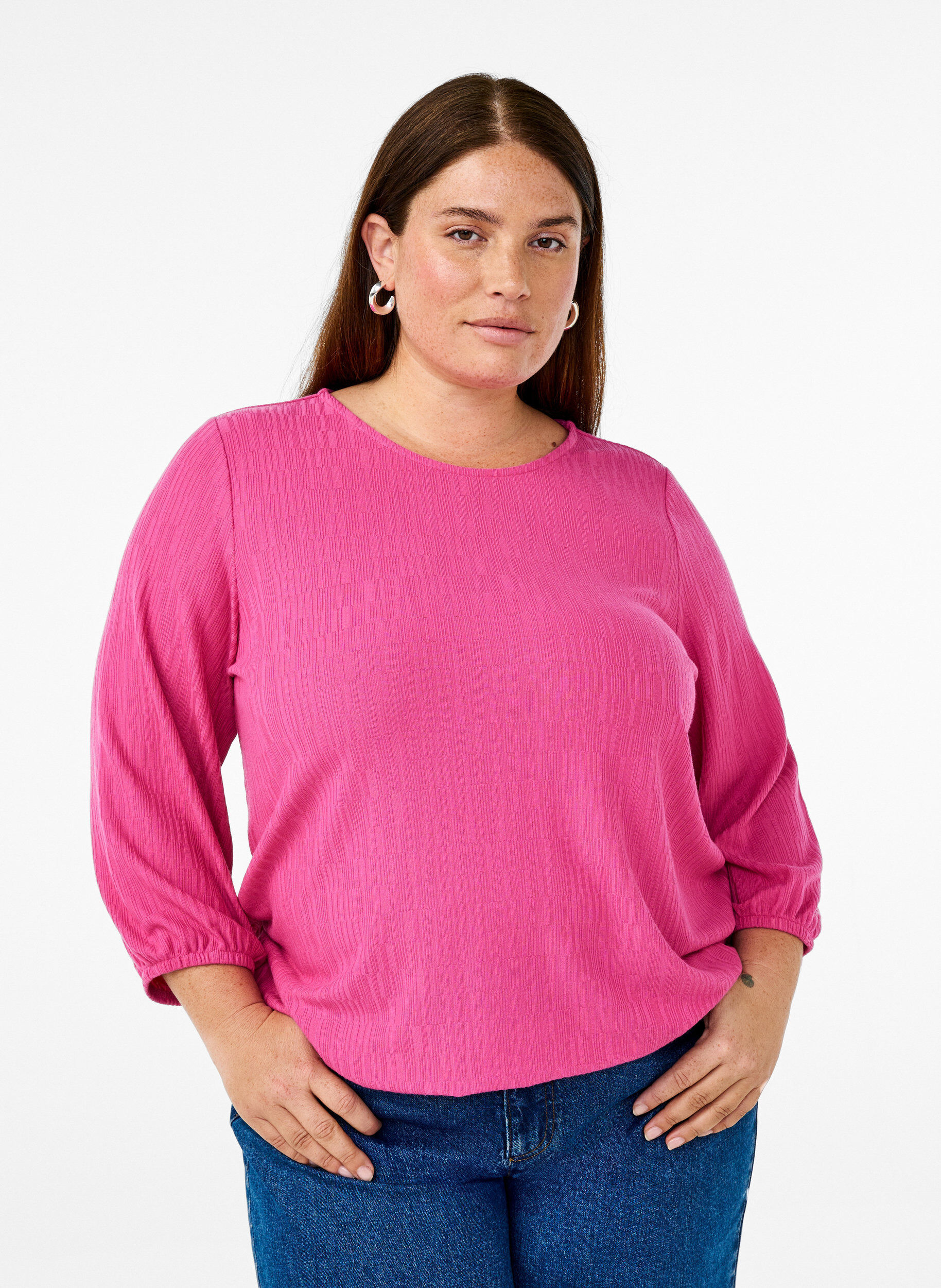 ZizziBlouse met textuur en 3/4 mouwen, Roze, Model image number 0