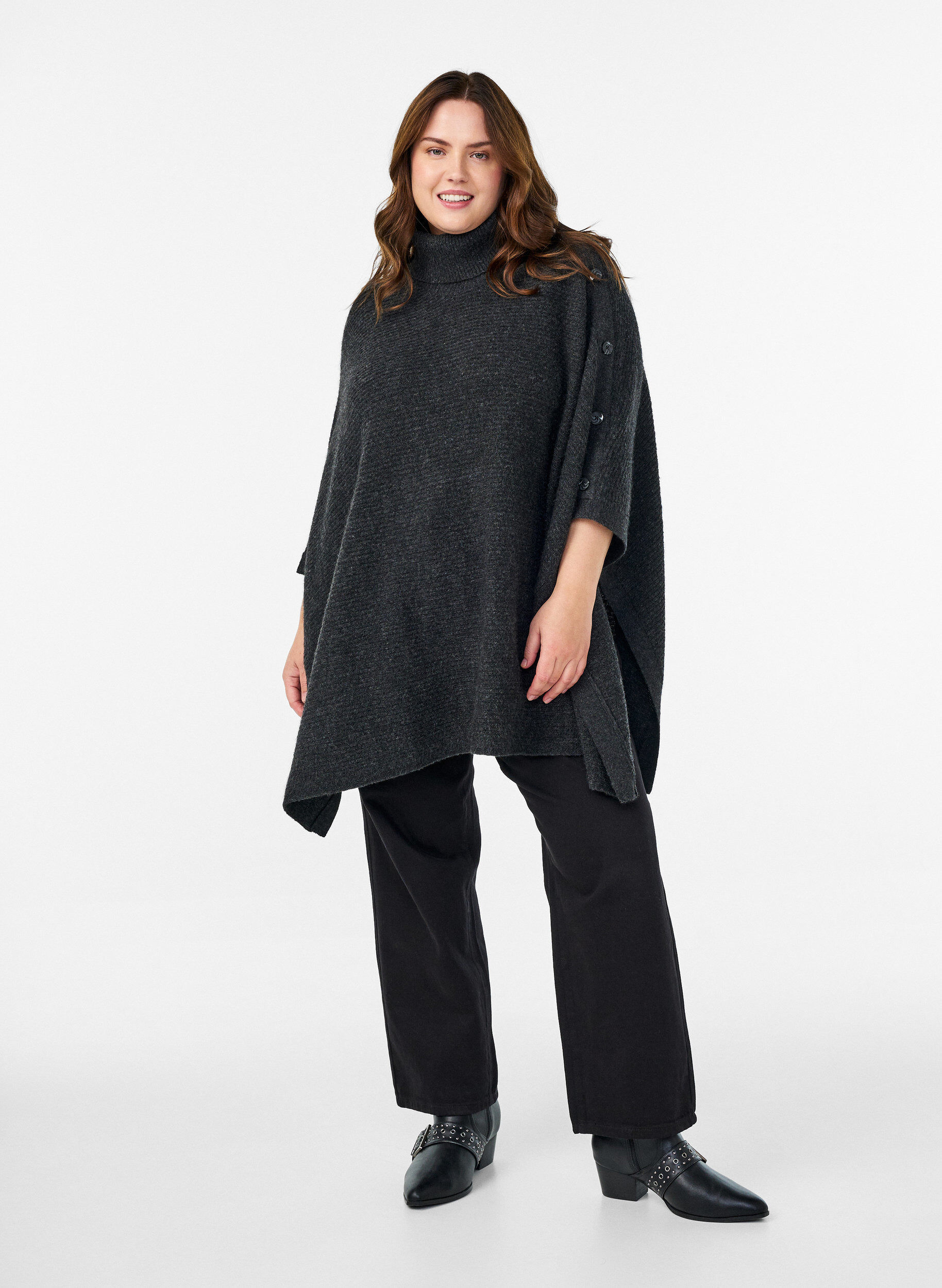 Zizzi Poncho met col en knoopdetail, Grijs, Model image number 1