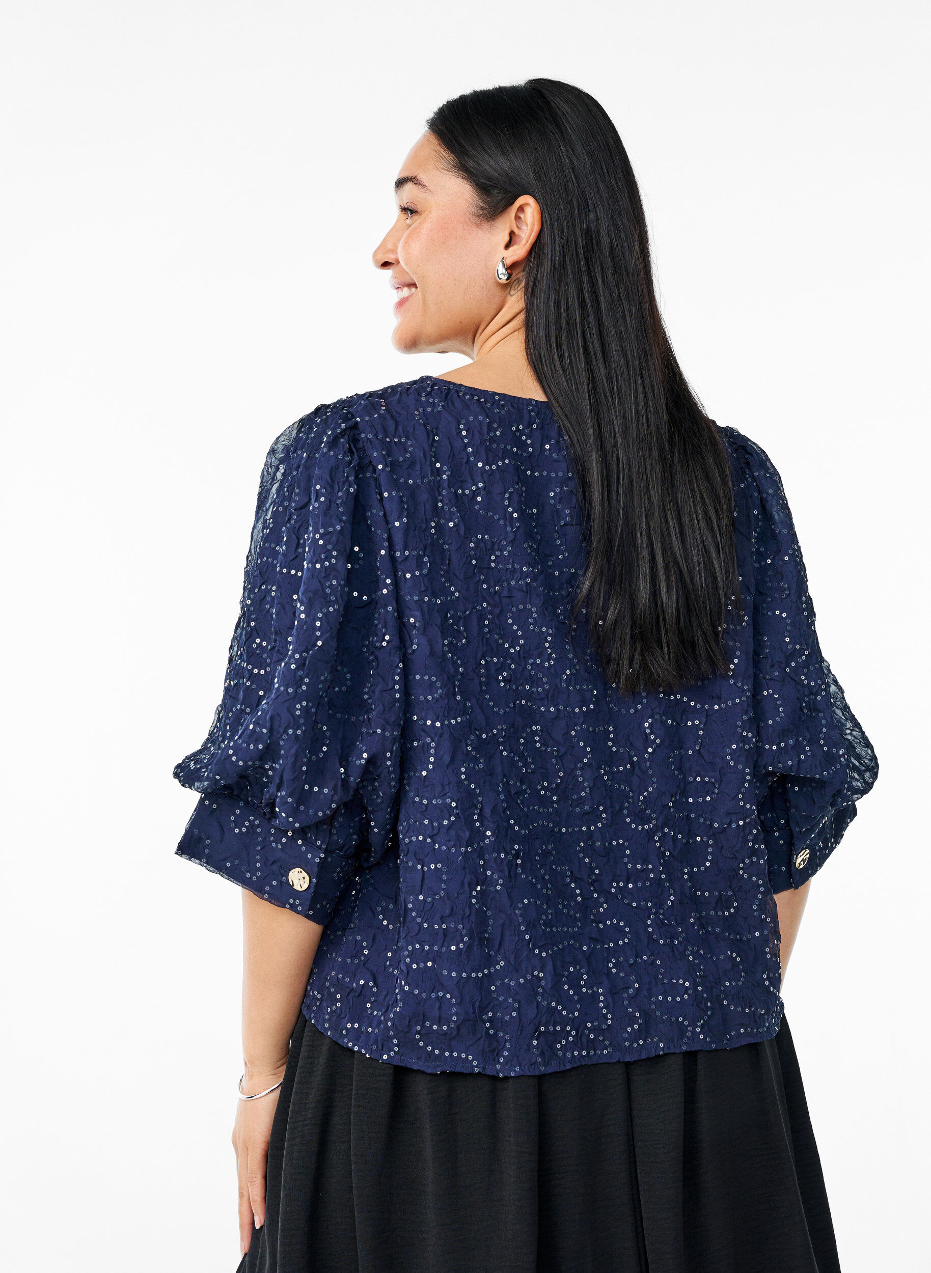 Zizzi Feestelijke blouse met pailletten en halflange mouwen, Blauw, Model image number 2