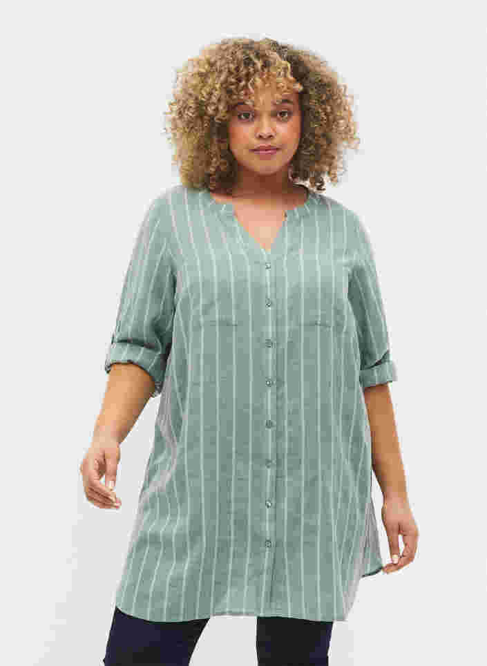 Gestreept v-hals overhemd, Balsam Green Stripe, Model