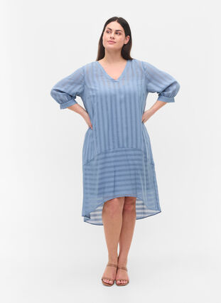Viscose jurk met 3/4 mouwen en v-hals, Coronet Blue, Model image number 2