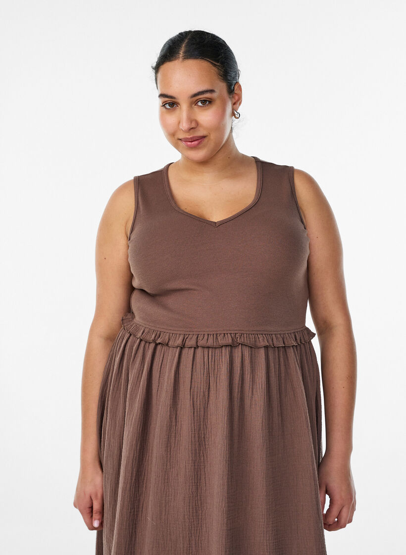 Mouwloze katoenen midi-jurk met rib en mousseline, Bruin, Model image number 0