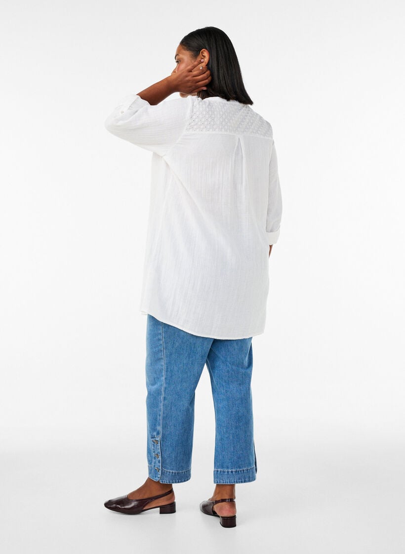 Katoenen mousseline tuniek met broderie anglaise, Wit, Model image number 2