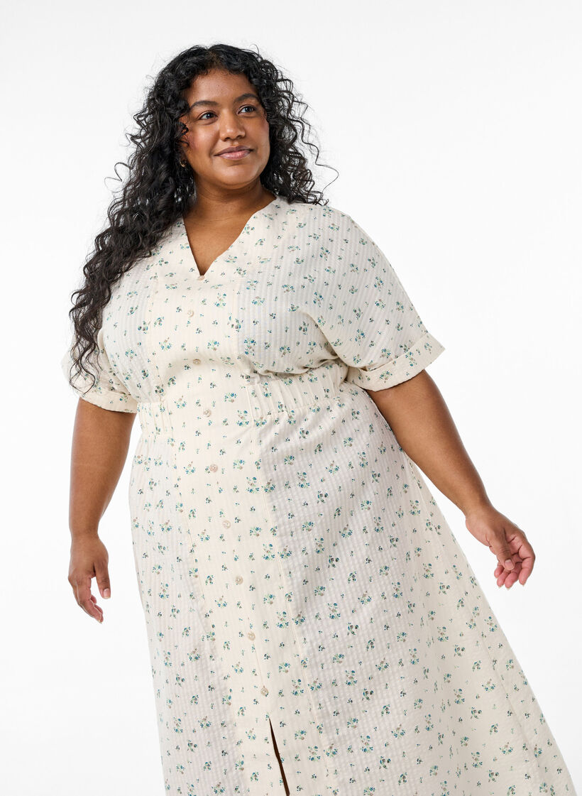 Midi-jurk met korte mouwen en een voorsplit, Wit, Model image number 2