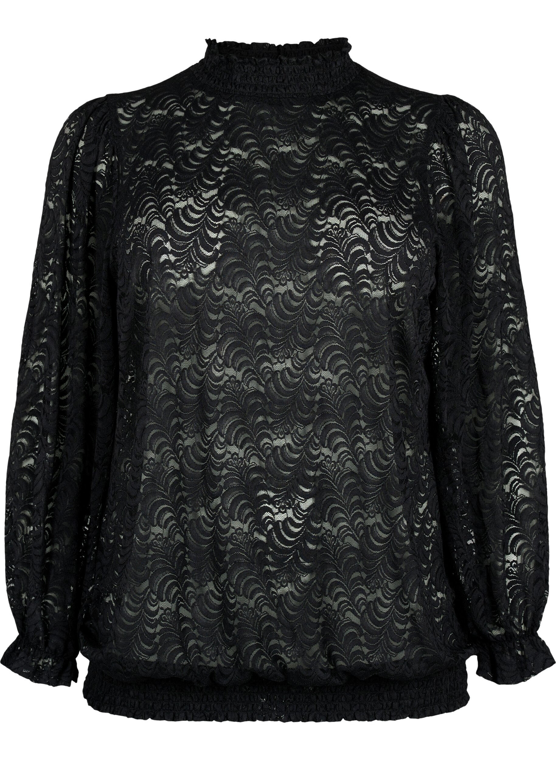 Zizzi Kanten blouse met lange mouwen en smok, Black, Packshot image number 0