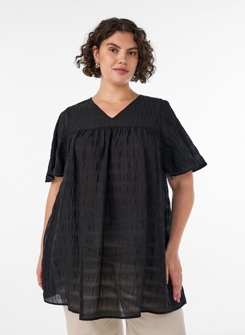 Tuniek in lyocell met vlindermouwen, Zwart, Model image number 0