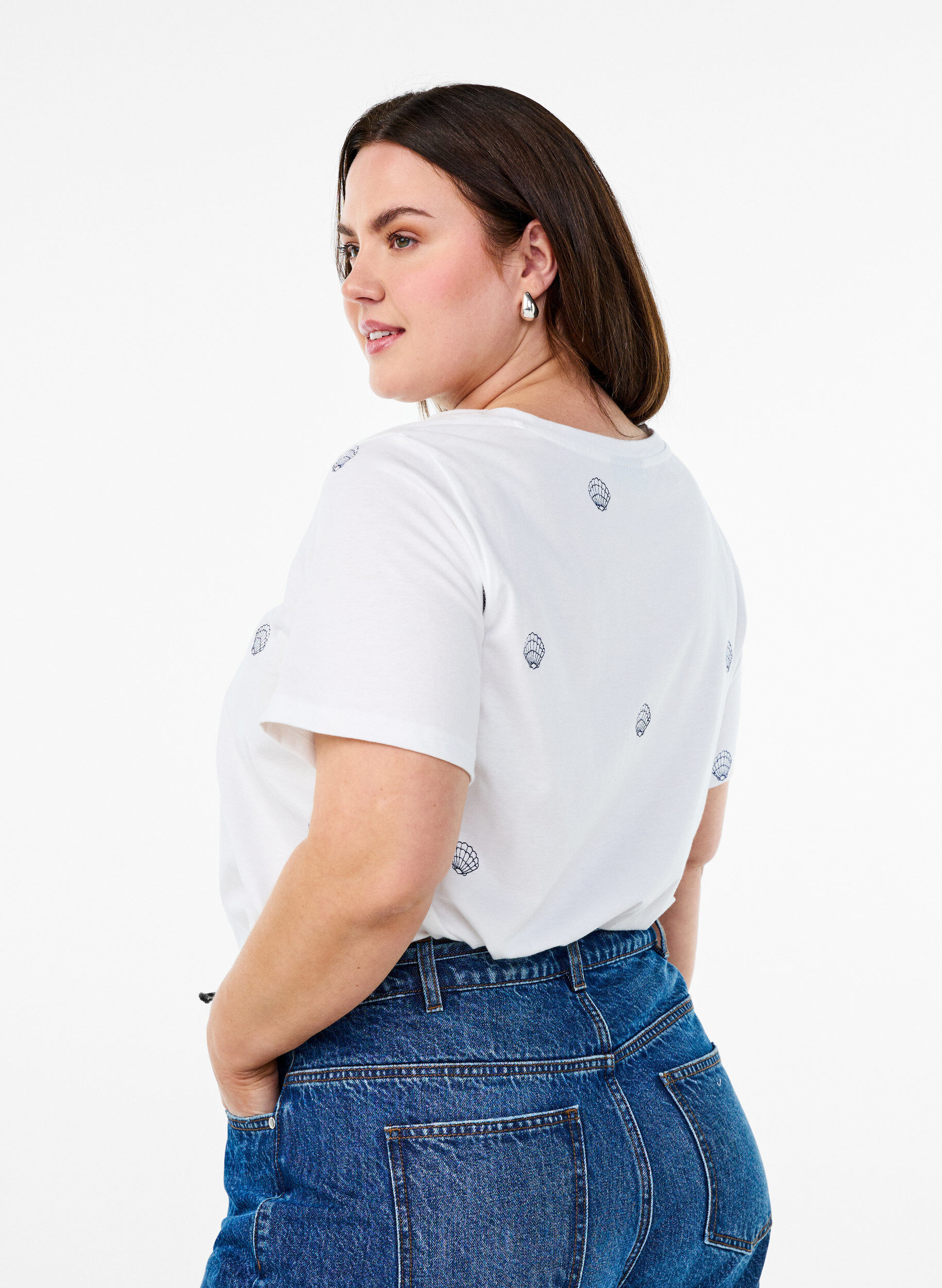 Zizzi T-shirt in biologisch katoen met geborduurde motieven, Wit, Model image number 2