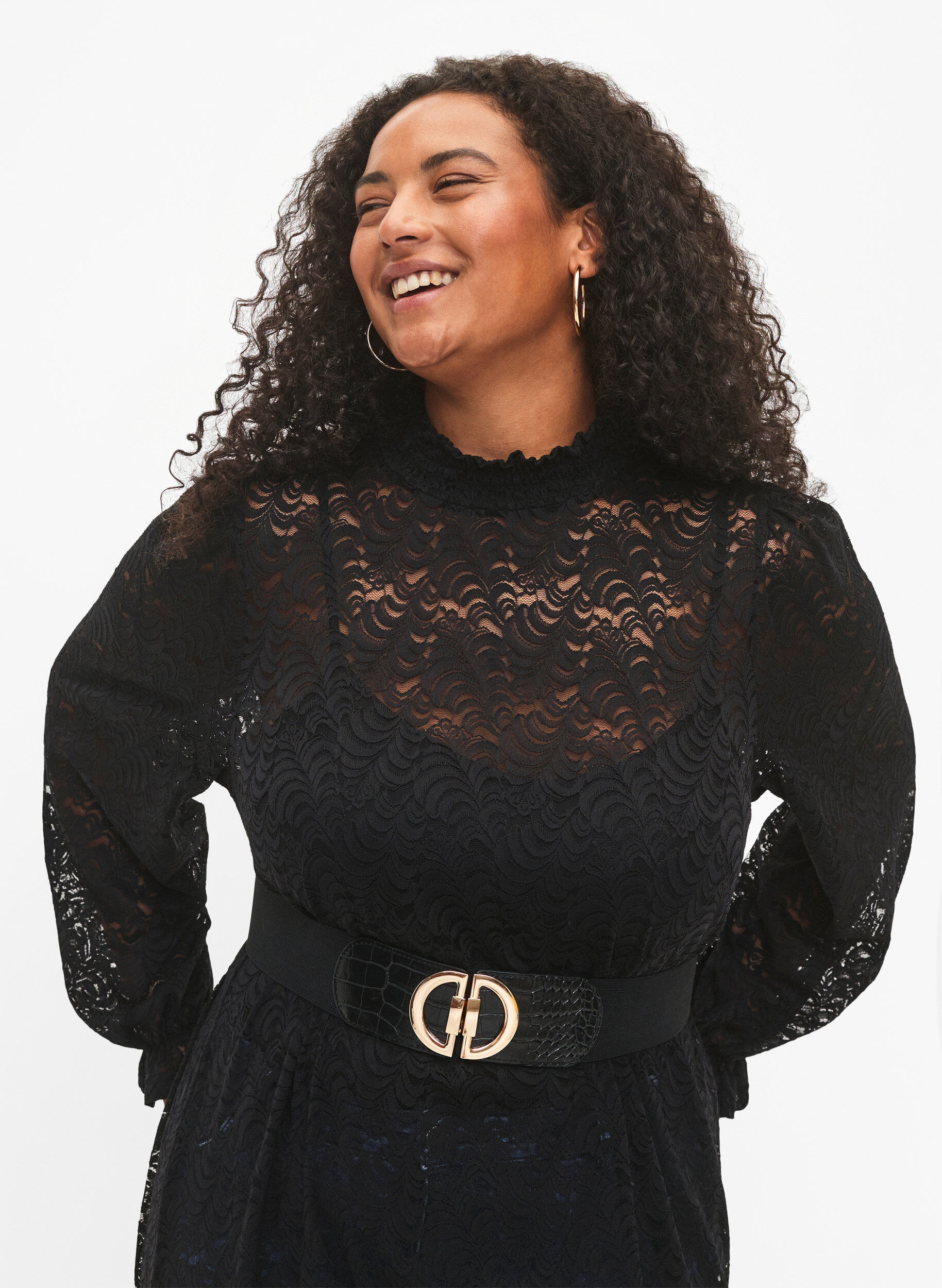 Zizzi Elastische tailleband met goudkleurige gesp, Black, Model image number 0