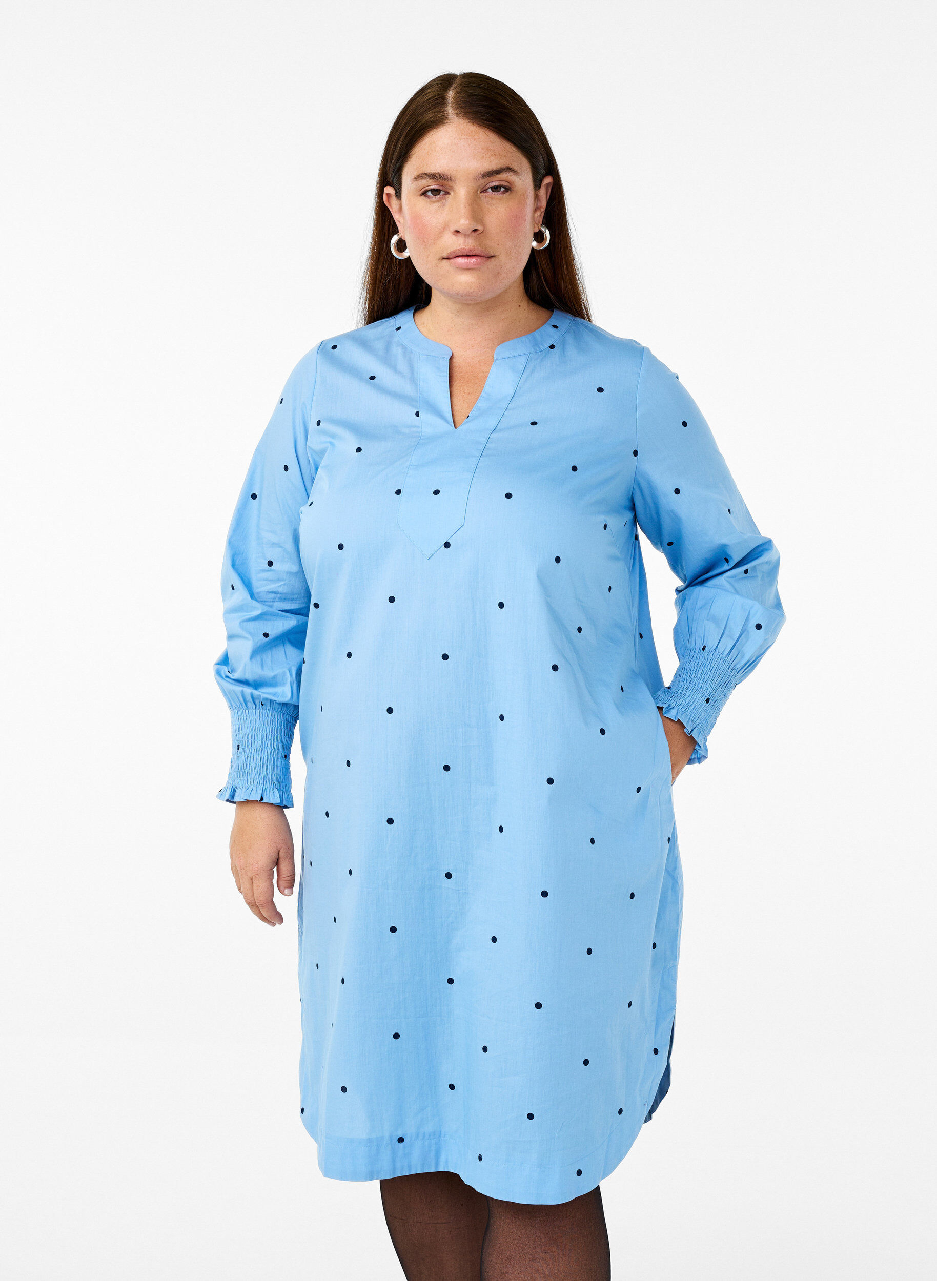 Zizzi Jurk met polka dots en lange mouwen, Blauw, Model image number 0