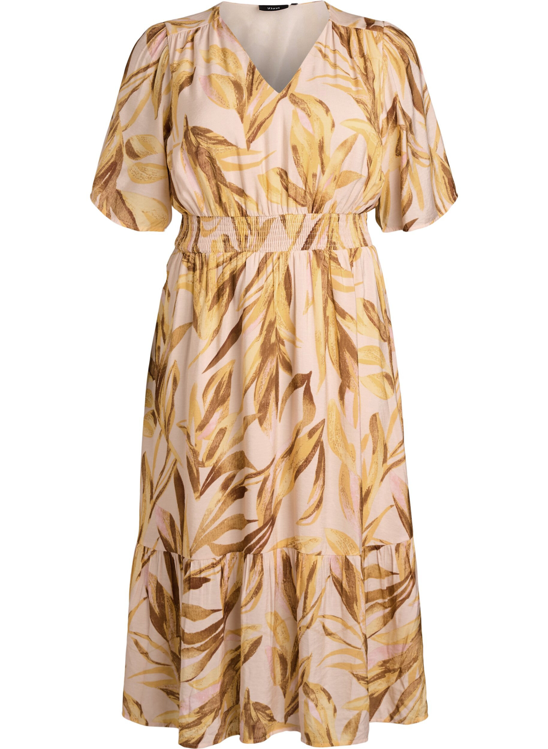 ZizziViscose midijurk met bladprint en gesmokte taille, Geel, Packshot image number 0