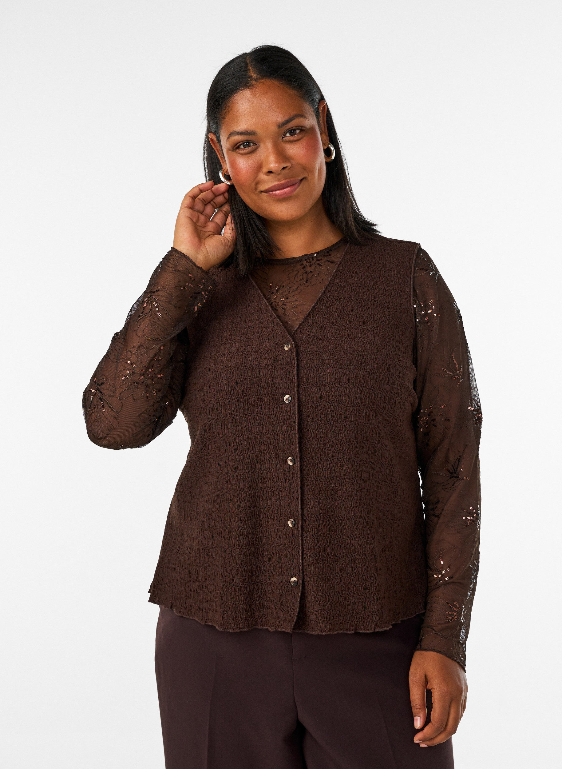 ZizziMesh blouse met bloemen en pailletten, Bruin, Model image number 0