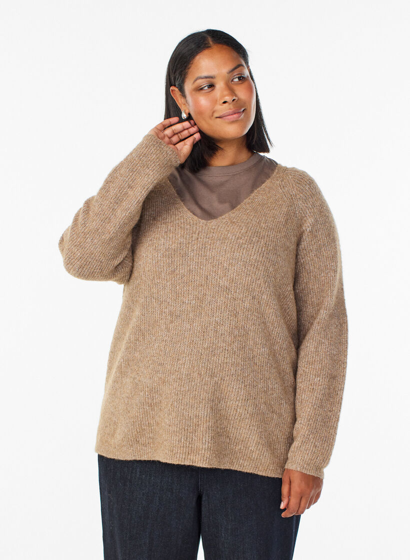 Gebreide blouse met V-hals en raglanmouwen, Bruin, Model image number 0