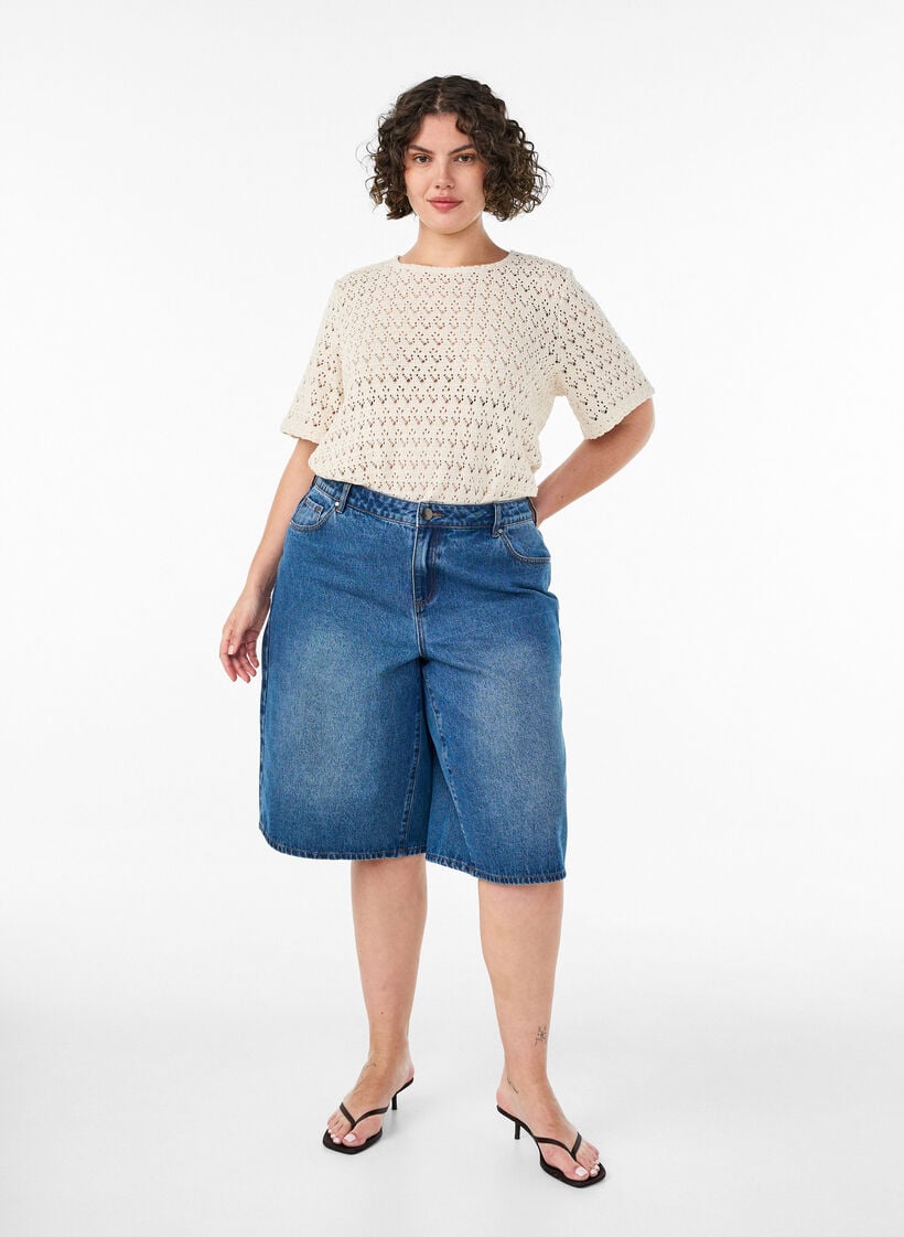 Blouse met korte mouwen en oogjesborduurwerk, Beige, Model image number 1