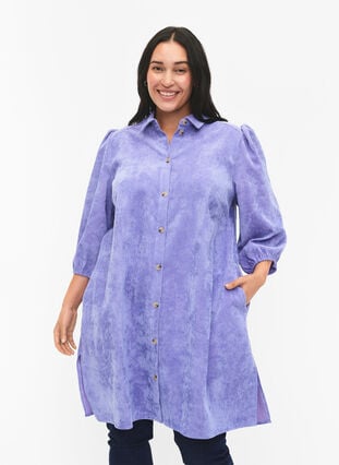 Corduroy jurk met driekwartmouwen en knopen, Lavender Violet, Model image number 0
