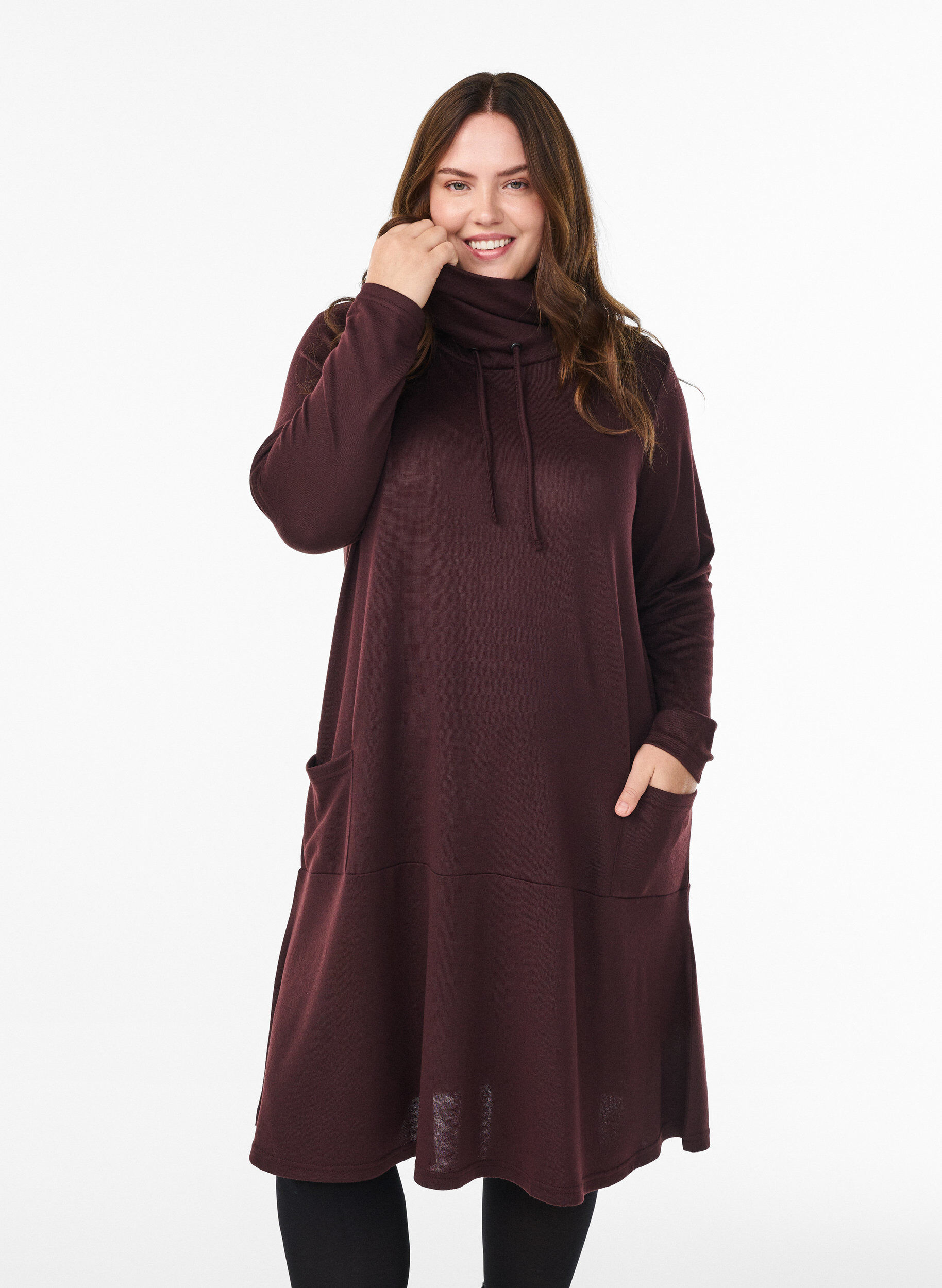 Jersey-jurk met hoge hals en zakken, Rood, Model