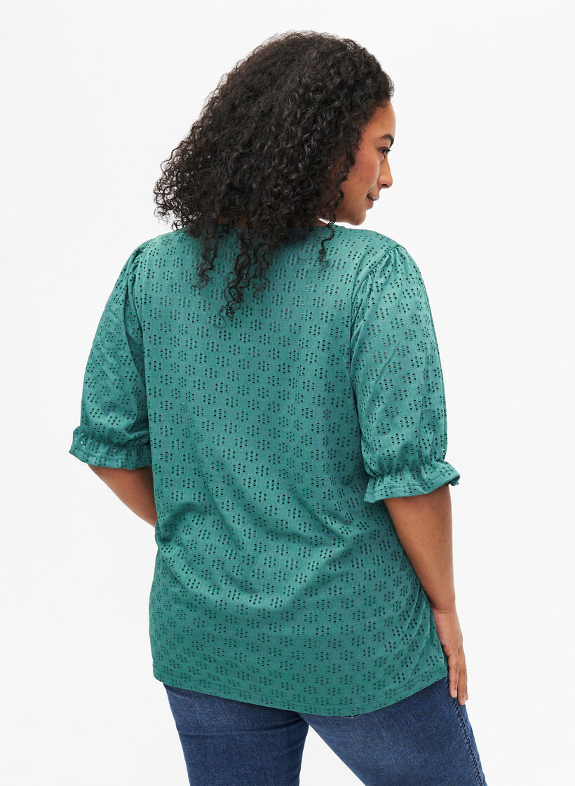Blouse met V-hals en gaatjespatroon, Sea Pine, Model image number 1