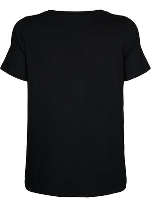 Geribd viscose T-shirt met V-hals, Black, Packshot image number 1