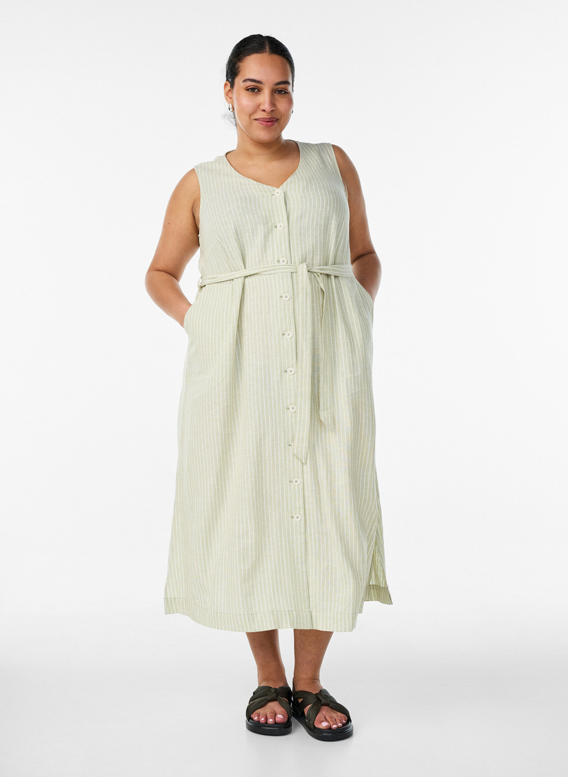 ZizziMouwloze gestreepte midi jurk in linnen en viscose, Groen, Model image number 0