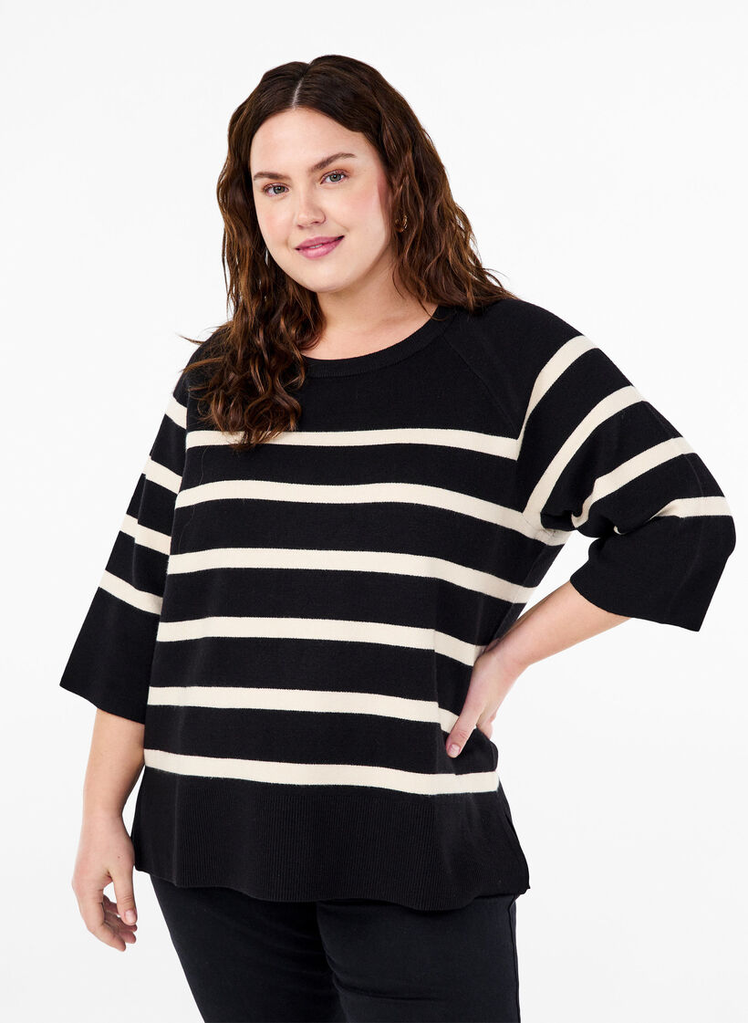 Gebreide blouse met 3/4 mouwen en strepen, Black Birch Stripes, Model image number 0