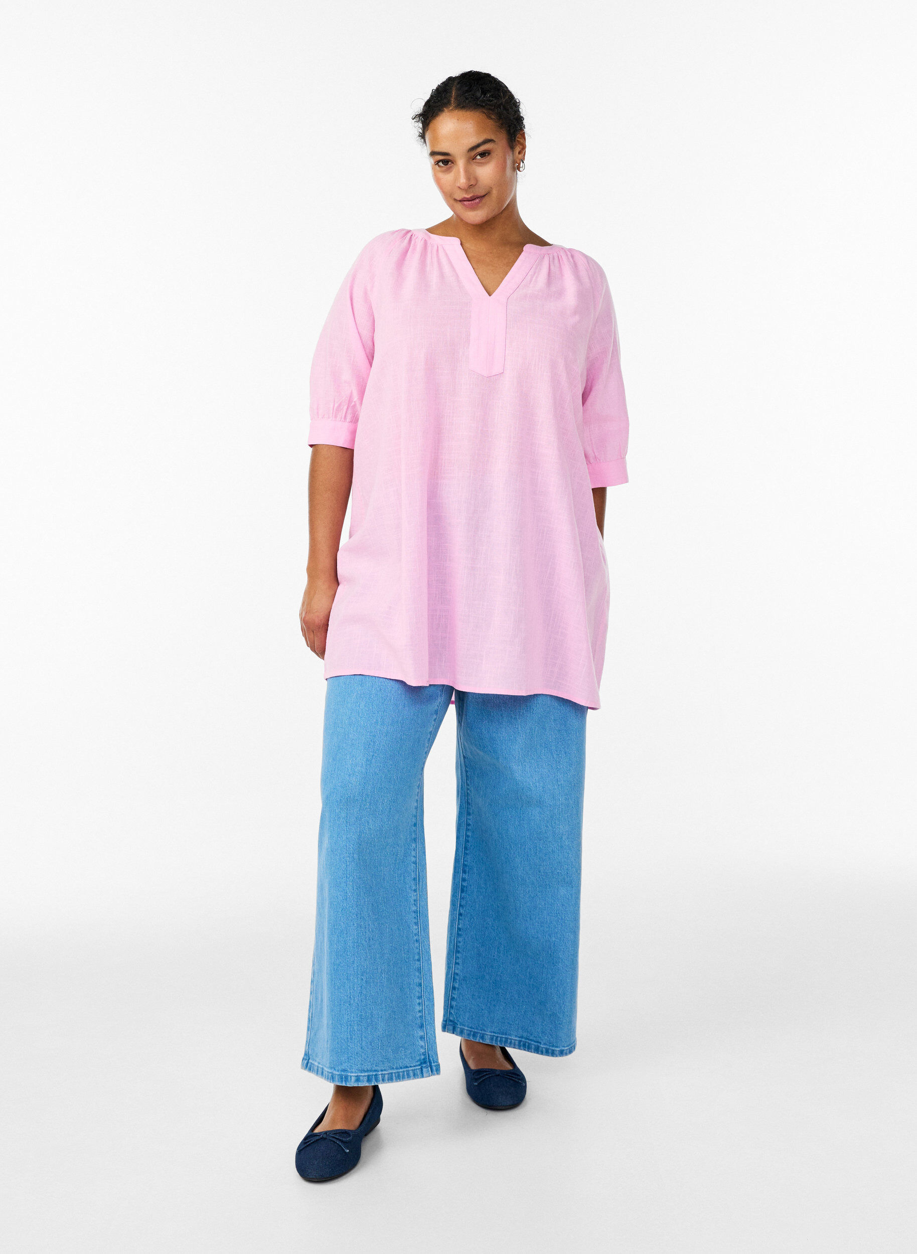 ZizziKatoenen tuniek met V-hals, Roze, Model image number 1