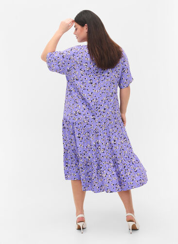 Viscose midi-jurk met bloemenprint, Lilac Flower Print, Model image number 1