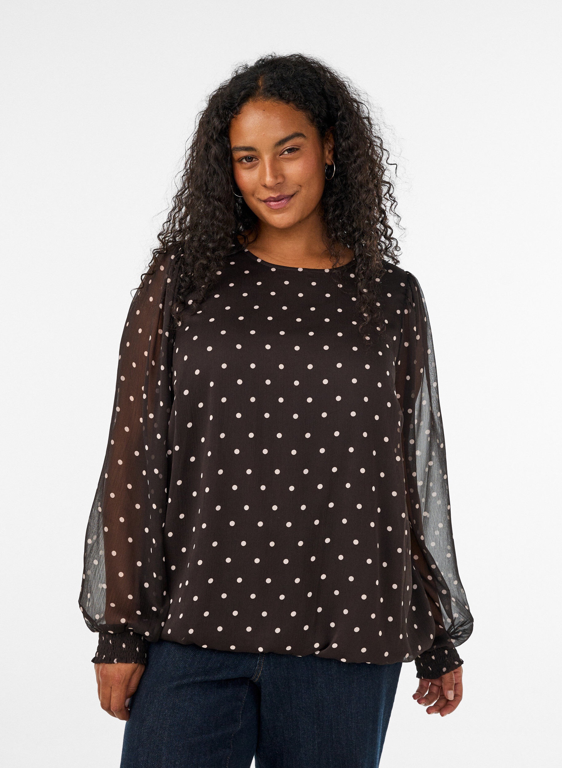 ZizziChiffon blouse met stippen en doorschijnende mouwen, Bruin, Model image number 0