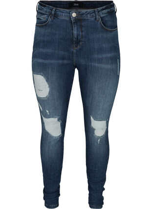 Amy jeans met hoge taille en slijtage, Blue denim, Packshot image number 0