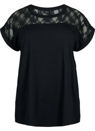 Katoenen t-shirt met korte mouwen en kant, Black