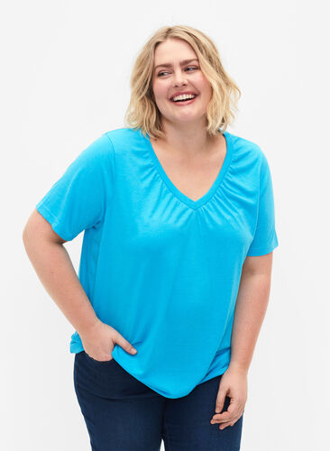 	 Gemêleerd t-shirt met elastische rand, Blue Atoll Mél, Model image number 0