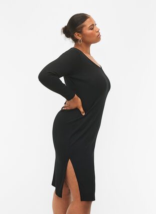 Nauw aansluitende jurk met lange mouwen en een split, Black, Model image number 2