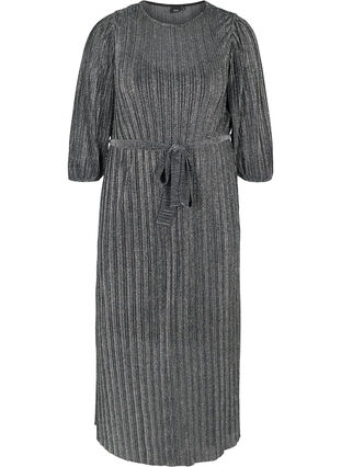 Midi-jurk met glitter, riem en 3/4 mouwen, Black W. SILVER, Packshot image number 0