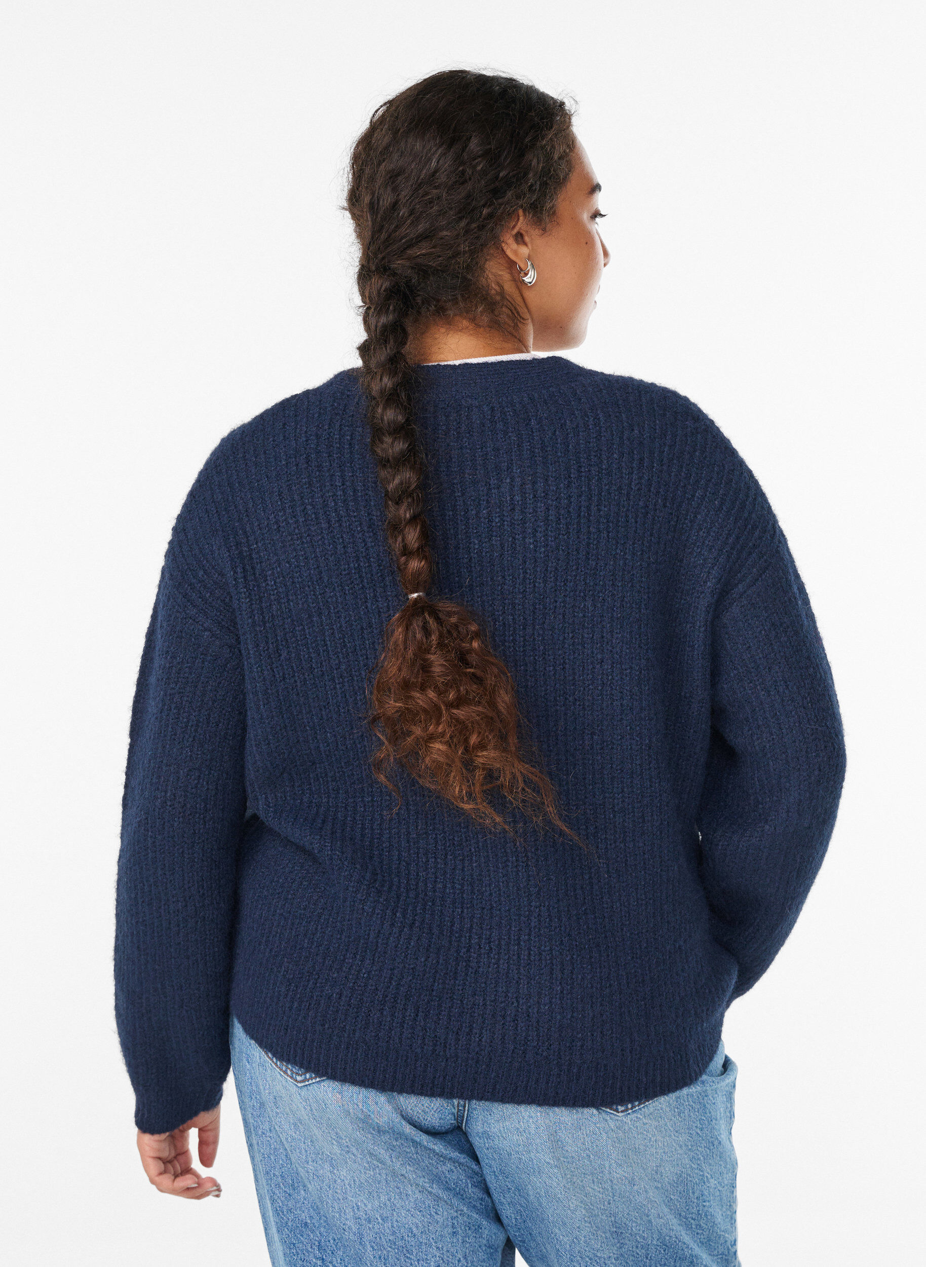 Zizzi V-hals cardigan van breisel, Blauw, Model image number 2